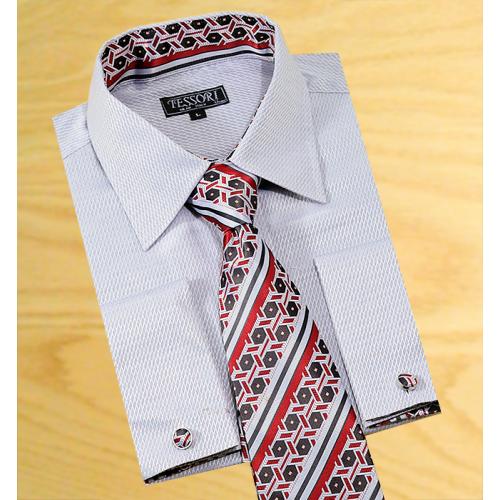 Tessori  Silver Grey With Diamond Embroider Self Design Spread Collar Shirt With / Tie / Hanky Set With Free Cufflinks SH-304